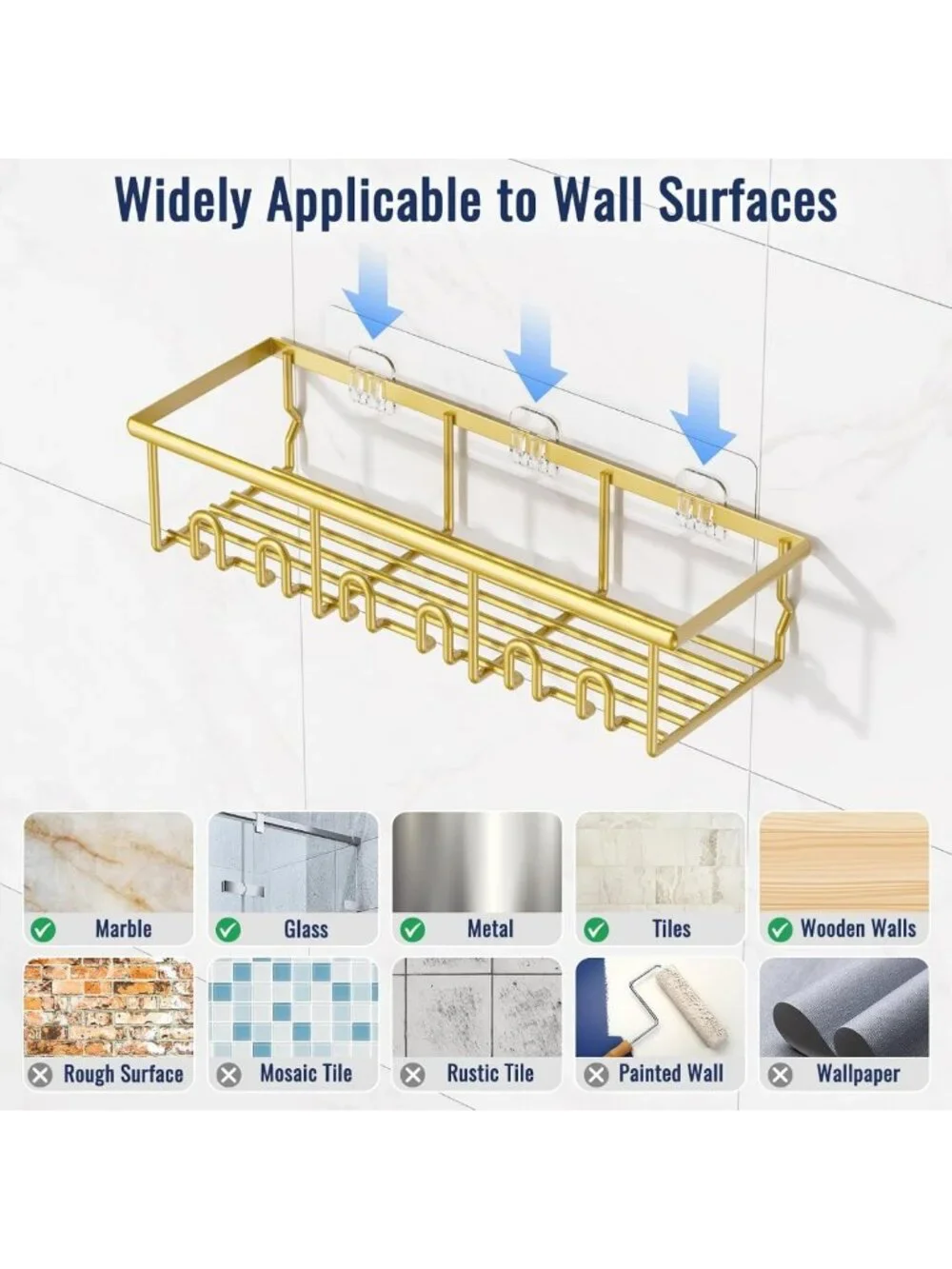 8 Pack No-Drill Shower Caddy Set - Gold Rustproof Shelves, Soap Dishes & Hooks